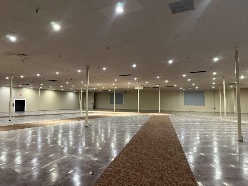 Empty man-made hall with a brown carpeted path, bare walls, and evenly spaced columns under bright ceiling lights.