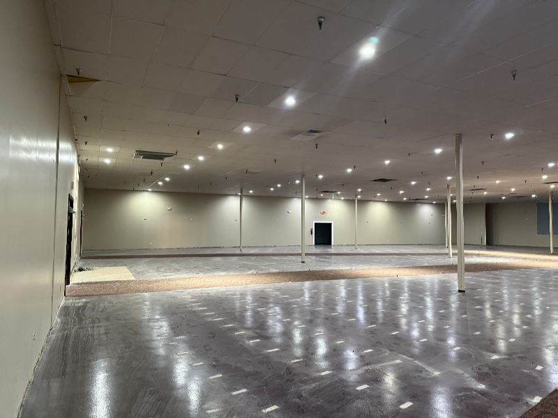 Empty indoor retail or showroom space with a polished concrete floor, beige walls, and evenly spaced ceiling lights.