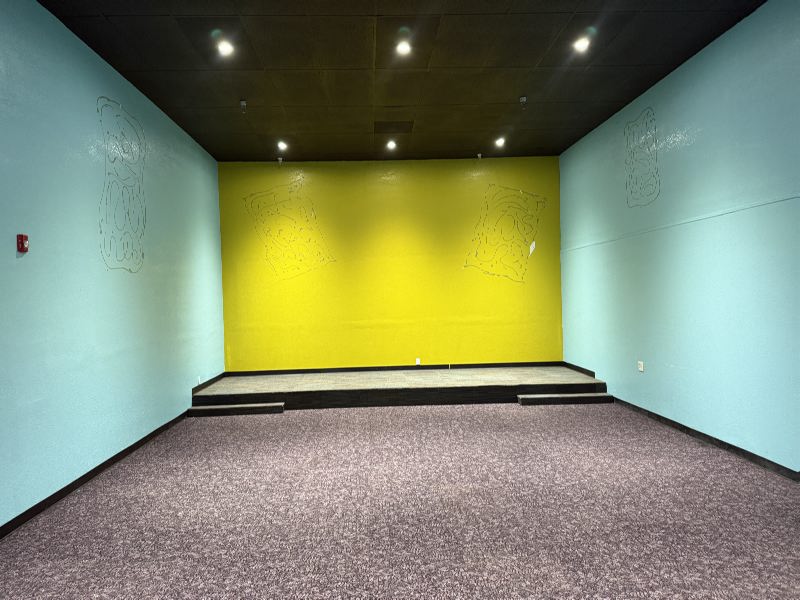 Empty multipurpose room with teal side walls, a bright yellow back wall, and a small tiered stage with three steps; carpeted floor and overhead lights.
