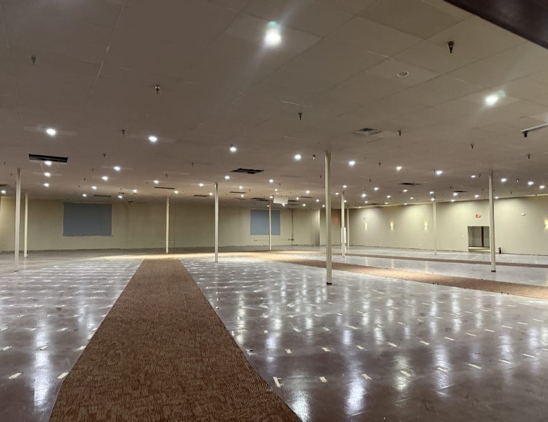 Empty large conference hall with a central carpet runner, polished floors, and evenly spaced ceiling lights.