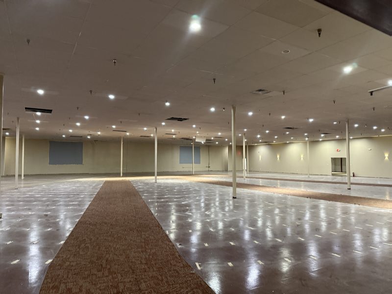 Empty large conference hall with a central carpet runner, polished floors, and evenly spaced ceiling lights.
